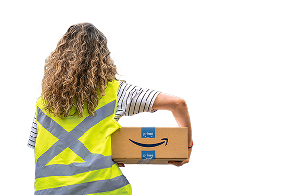 A woman in a yellow safety vest holding a package